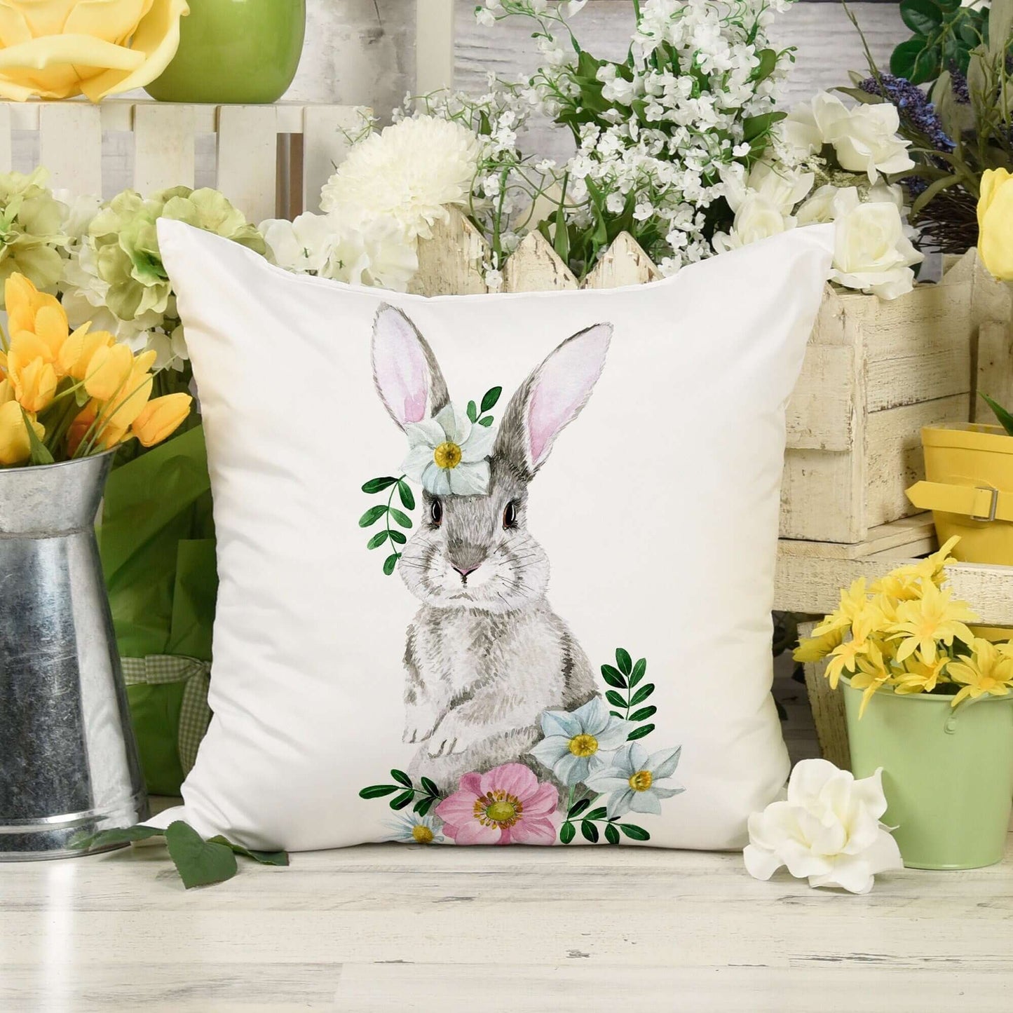 Aquarelle Lapin et Fleurs OREILLER & COUVERTURE | DÉCOR PRINTEMPS PÂQUES