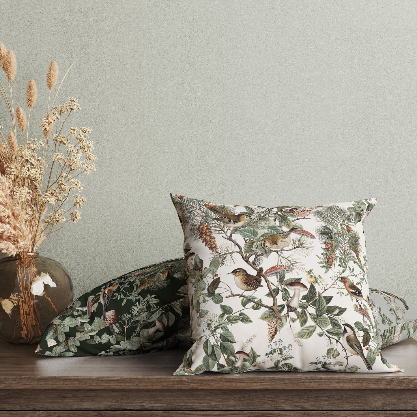 Birds and Mushrooms Woodland Pillow & Cover