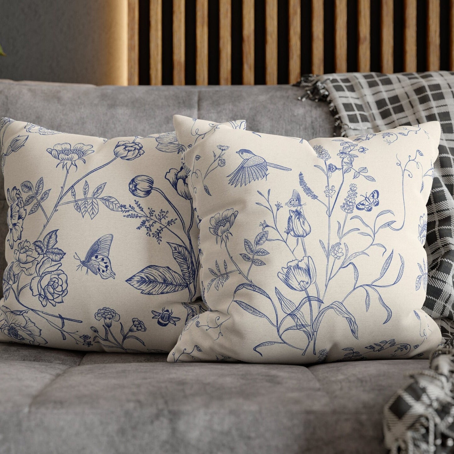 Coussin et housse de printemps botanique bleu vintage