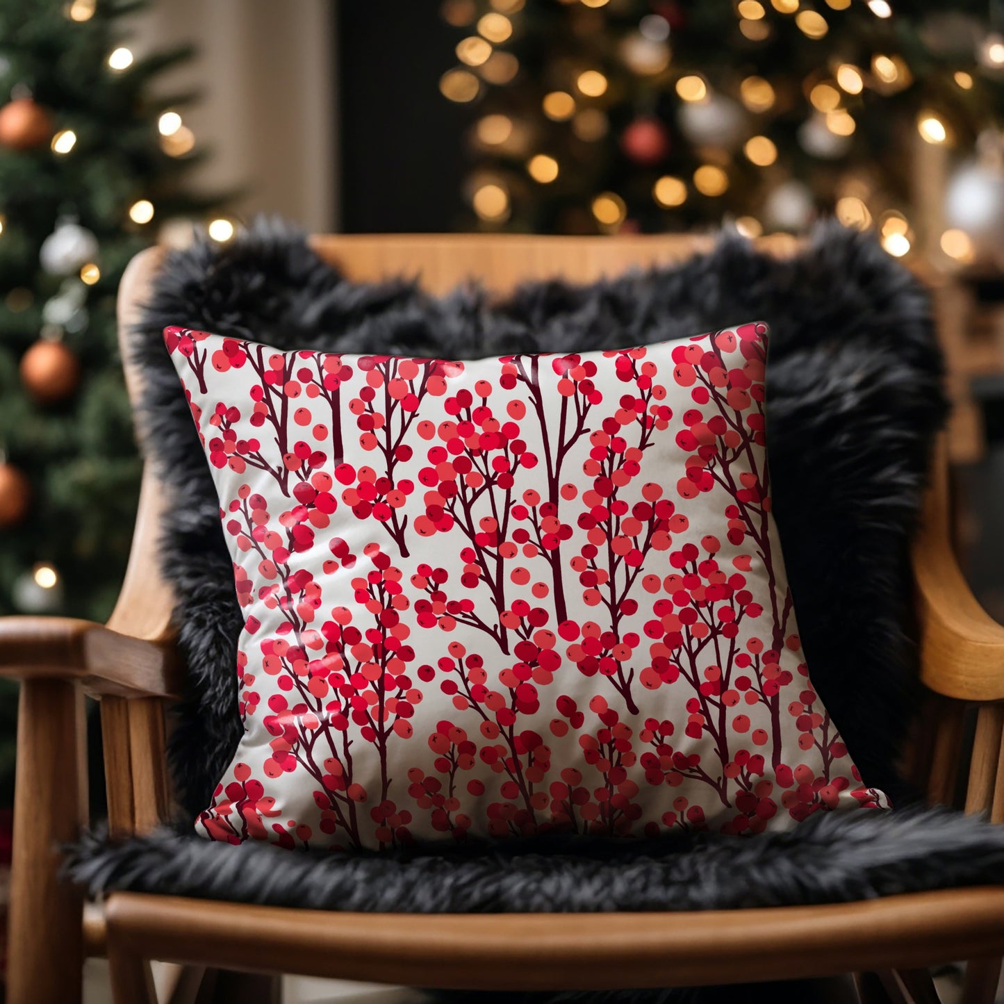 Red winter berry botanical pillow on wooden chair with black fur throw and Christmas tree in background