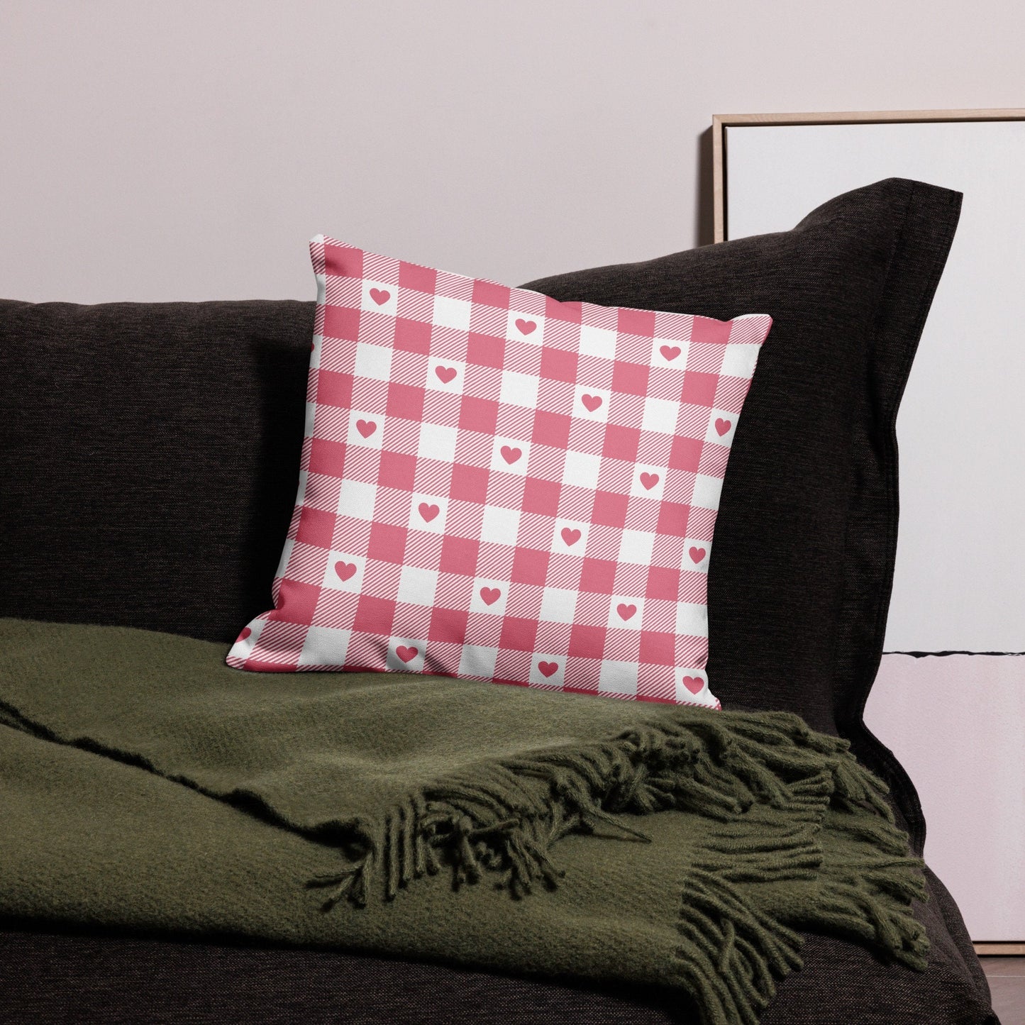 Deep pink Valentine Pink Gingham Hearts PILLOW on dark green couch – bold romantic Valentine accent
