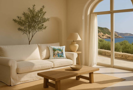 Living room with coastal view featuring a white sofa styled with the Dolce Far Niente striped pillow from Blue Water Songs, bathed in golden summer light.