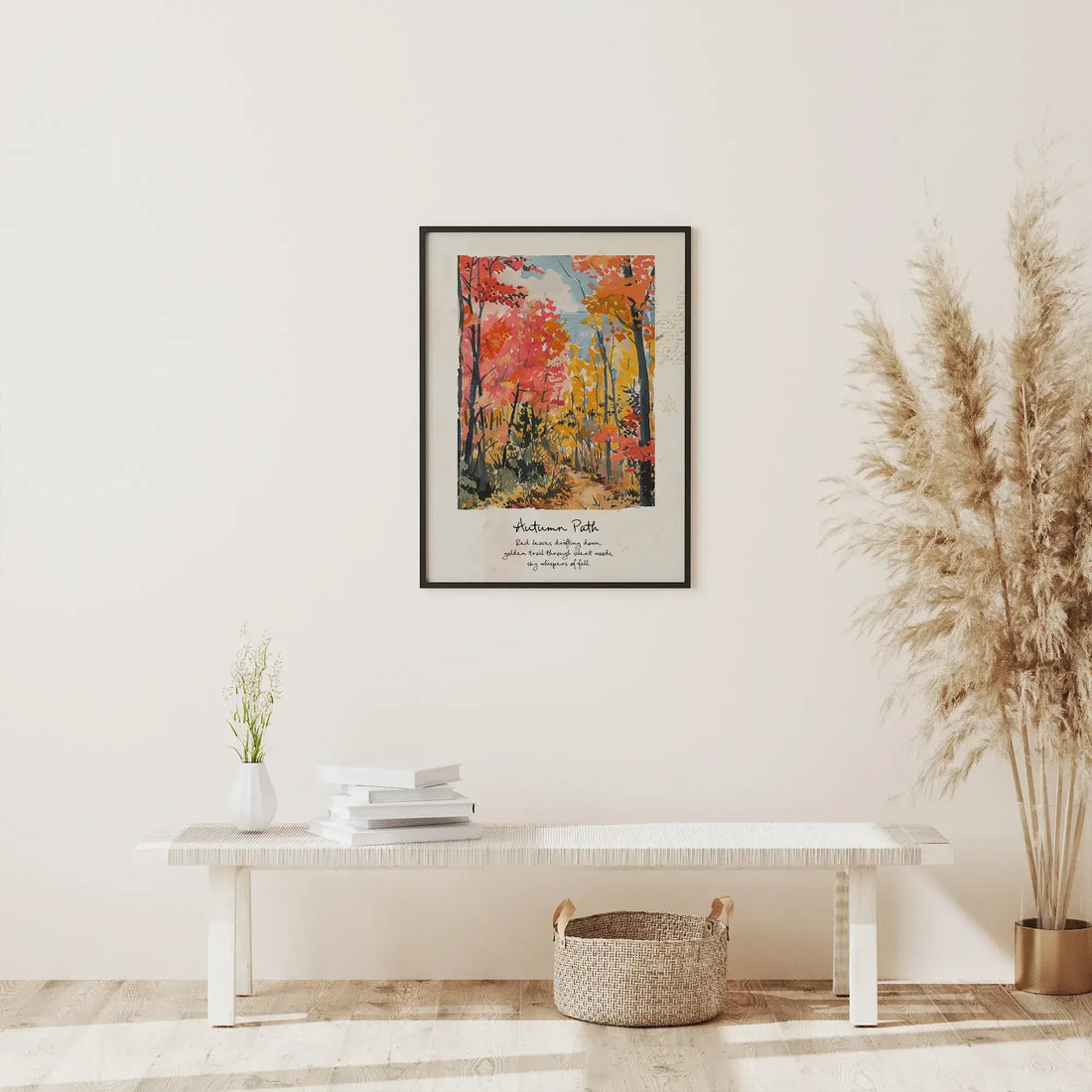 Nature-Inspired Home Decor featuring an autumn-themed art print on a minimalist wall.