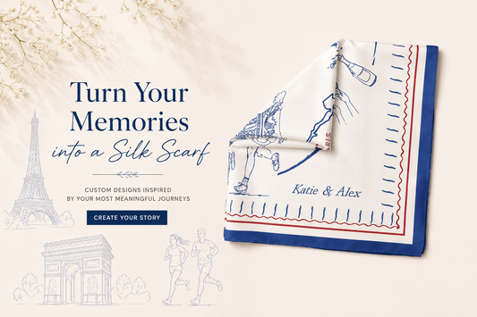 Website banner showcasing a personalized silk scarf inspired by the Paris Marathon, featuring custom illustrations that transform meaningful memories into wearable art.