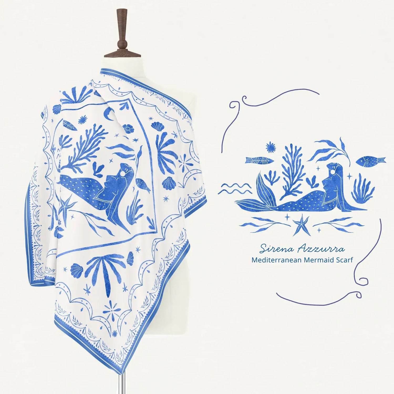 La Dolce Vita Silk Scarves featuring a Mediterranean mermaid design in blue and white silk, adding elegance to your style.