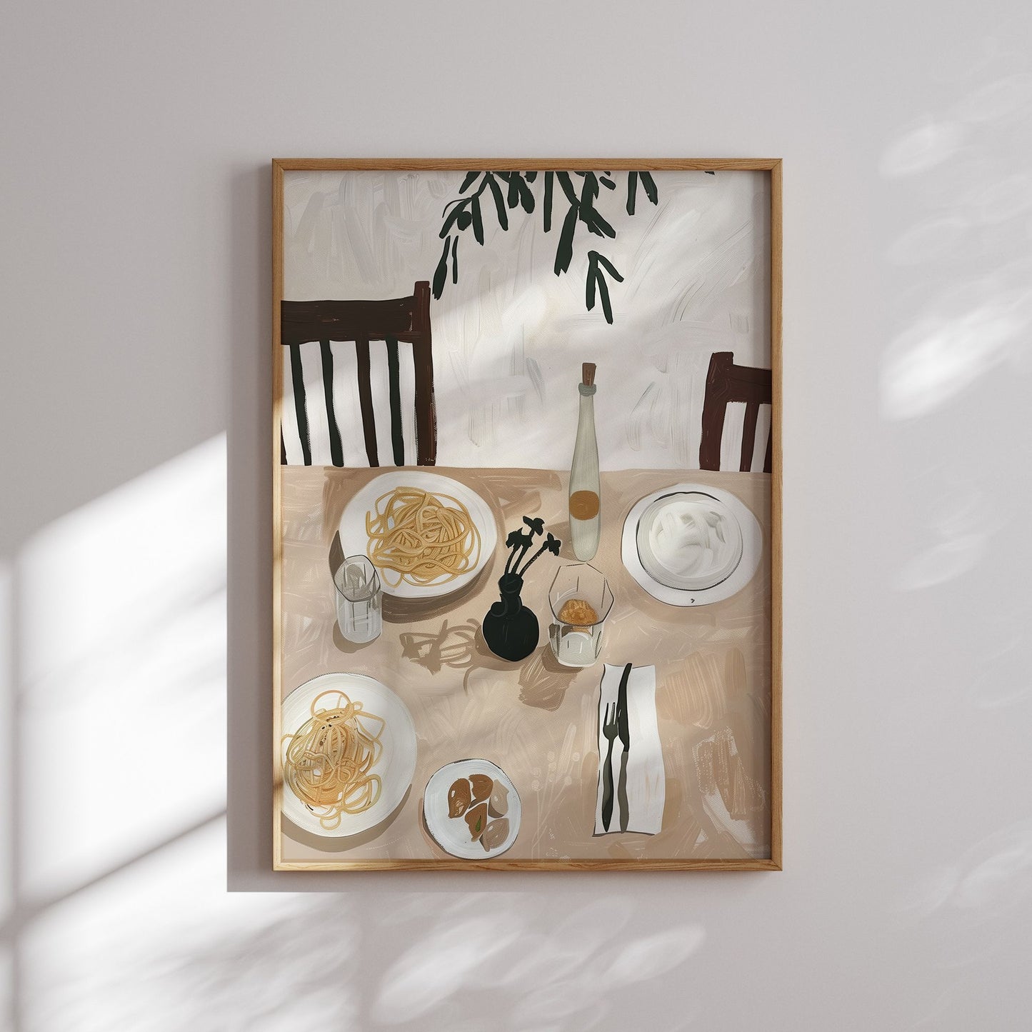 Framed Italian pasta dining art print with neutral tones, table setting, and soft shadows — digital wall art for kitchens and cozy summer decor.