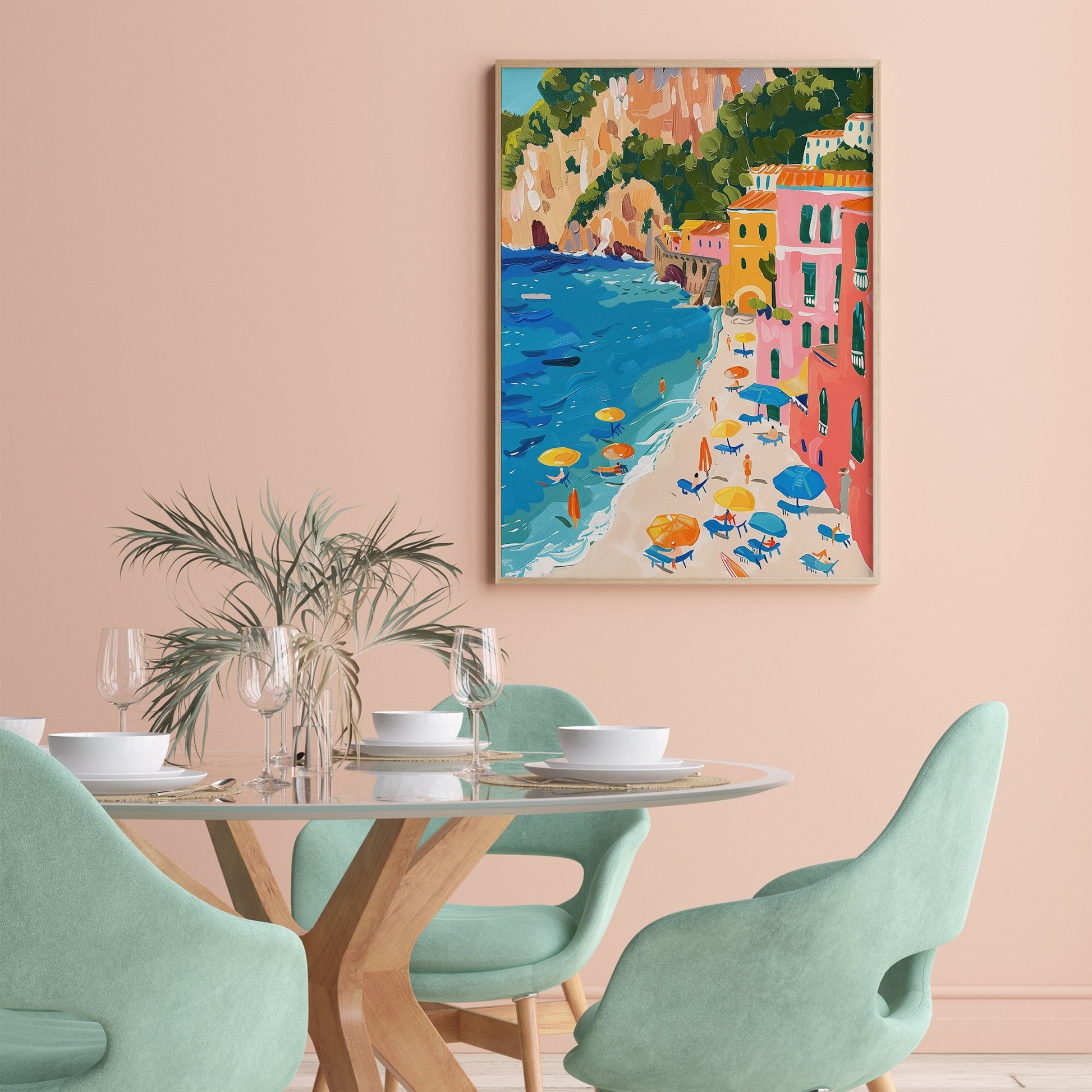 living room with green dining chair and coastal living poster on pink wall