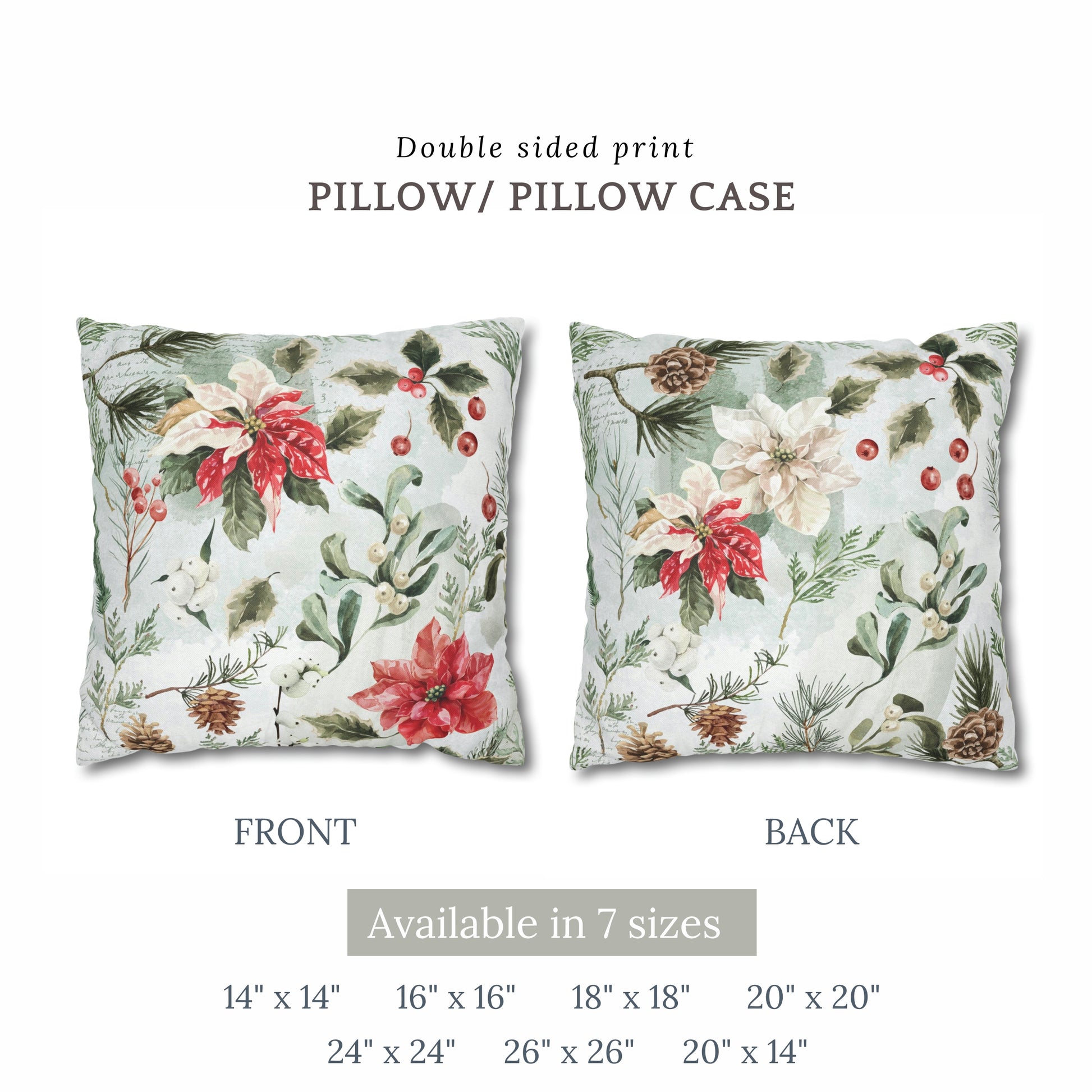 sizes of Poinsettia Winter Botanical PILLOW from Blue Water Songs 