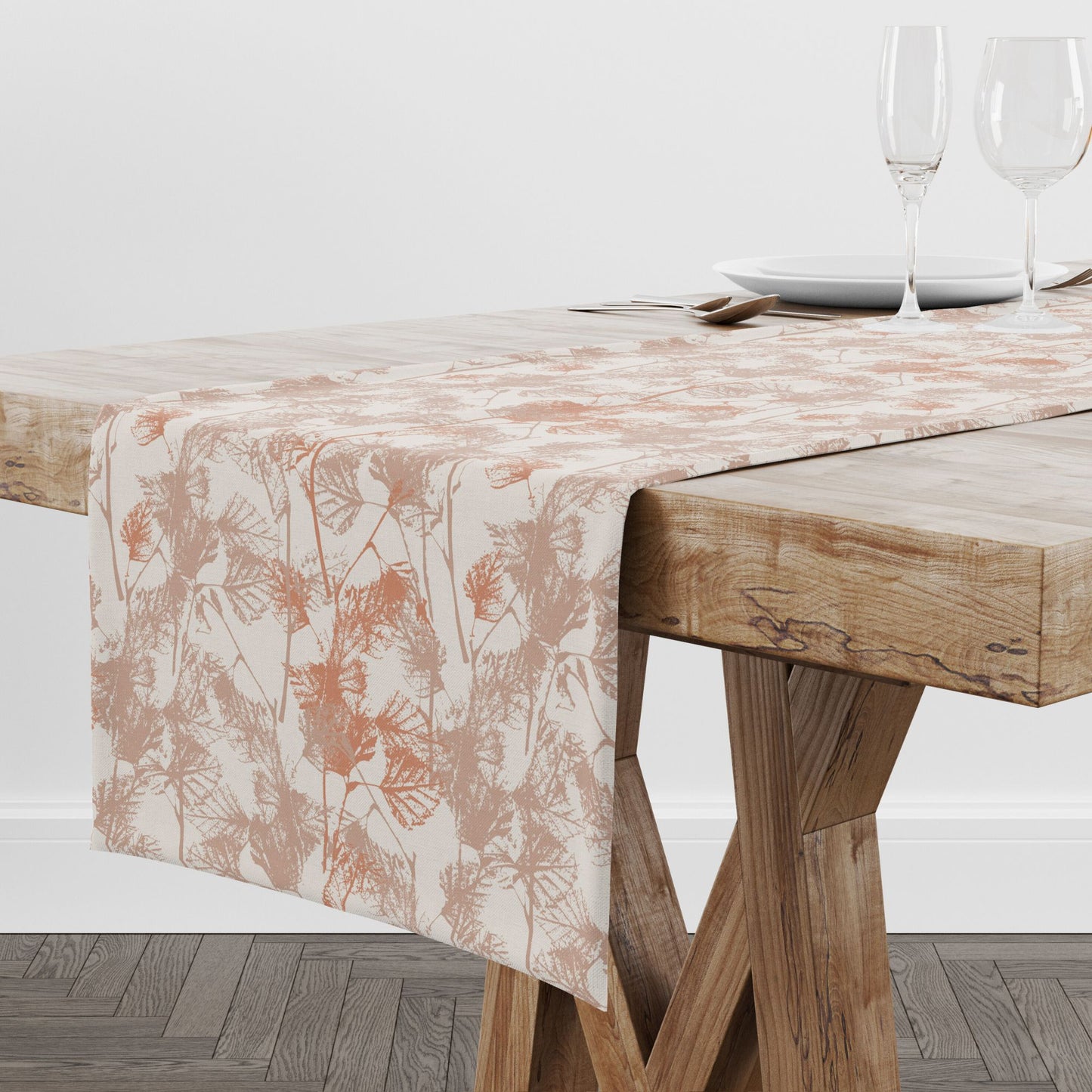 wood dining table with Fall Birch leaves - orange TABLE RUNNER and glasses on it