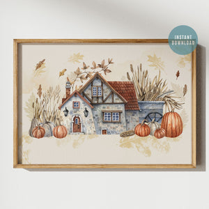 Pumpkin farmhouse Art Print - Autumn DIGITAL DOWNLOAD from Blue Water Songs