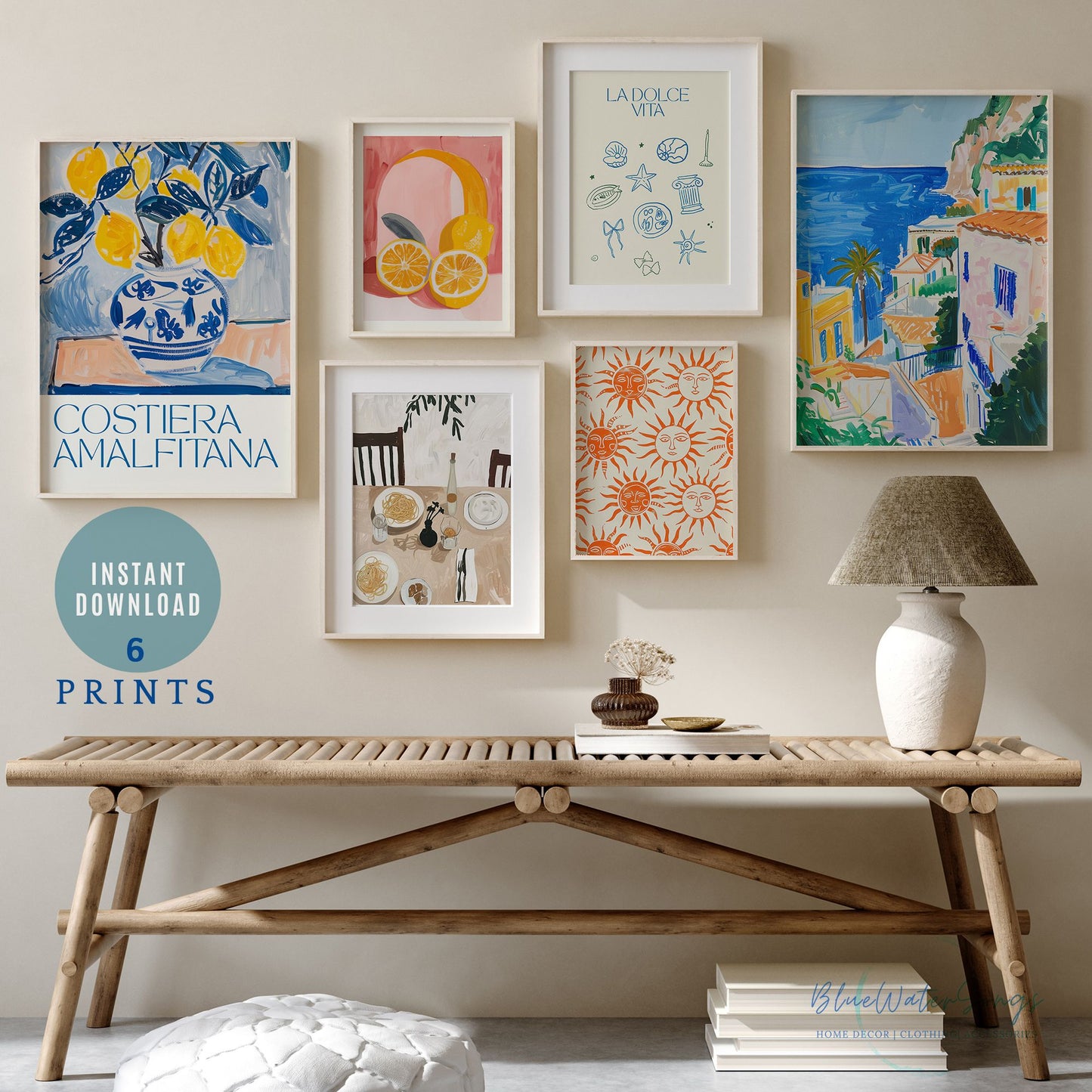 Eclectic Italian summer gallery wall with 6 art prints featuring lemons, sun motifs, landscapes, and still life — instant download digital print set.