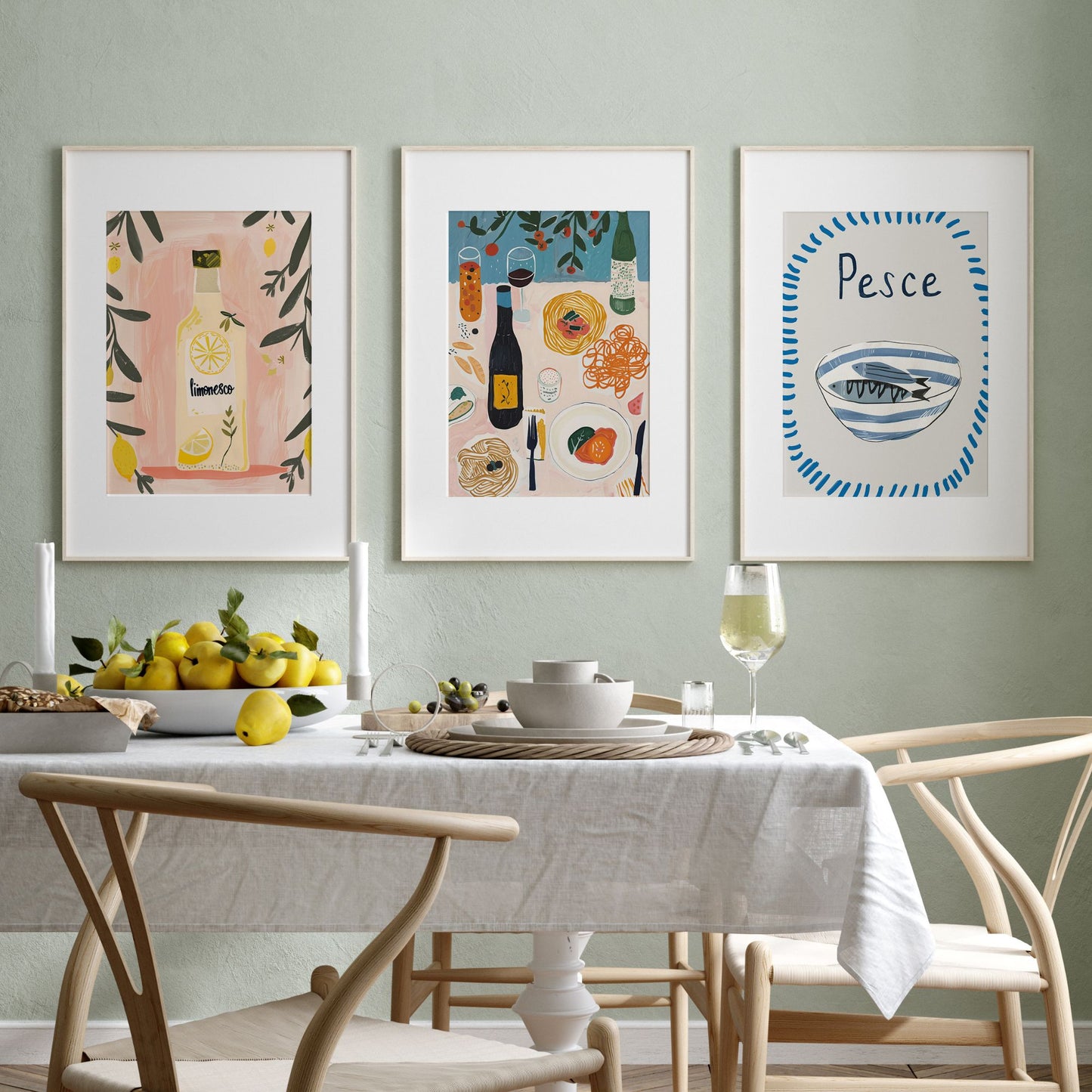 Green wall decorated with posters of Italy food in kitchen