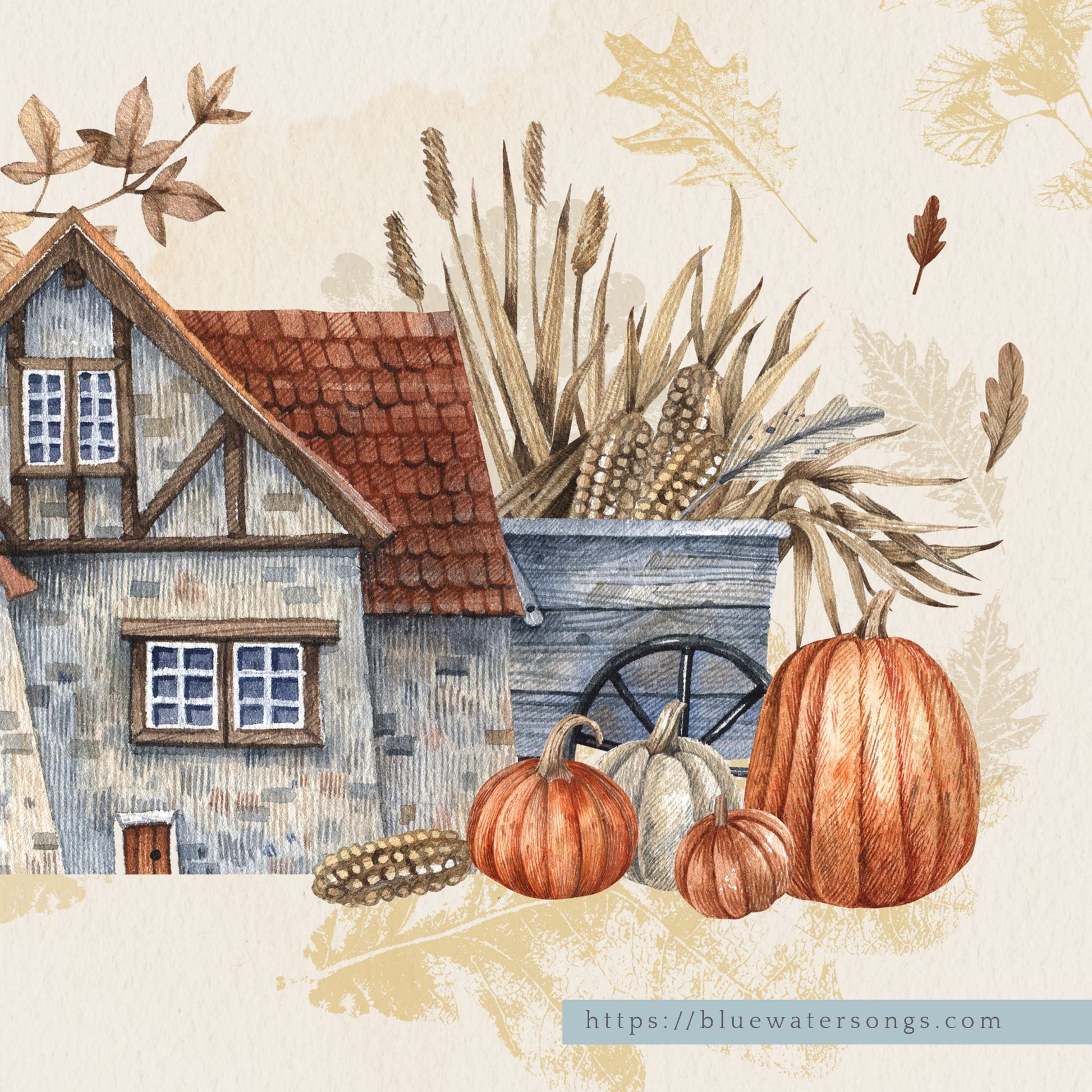 closer up of Pumpkin farmhouse Art Print - Autumn DIGITAL DOWNLOAD from Blue Water Songs