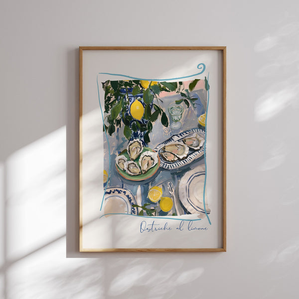 poster hanging on white wall featuring oysters meal