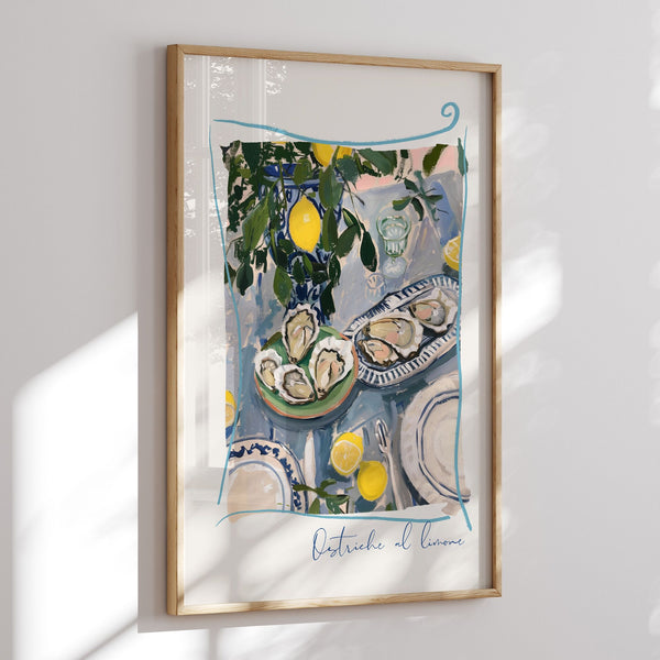 glass frame poster of Ostriche al Limone Oyster Art prints from Blue Water Songs