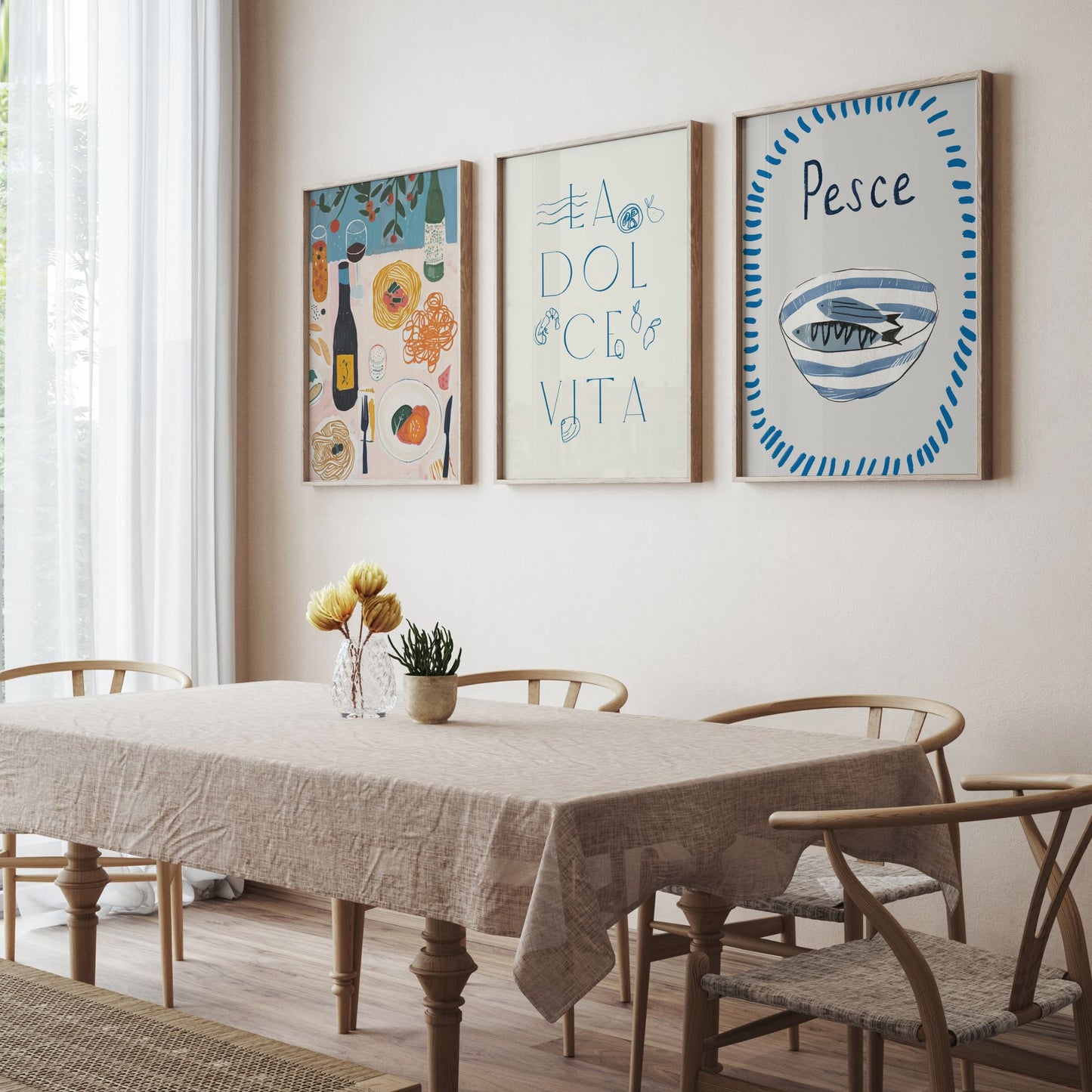 beige rustic kitchen decorated with posters about Italy food