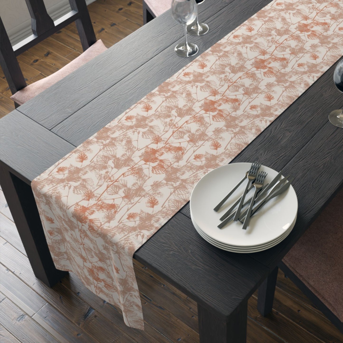 black wood table with Fall Birch leaves - orange TABLE RUNNER from Blue Water Songs on it