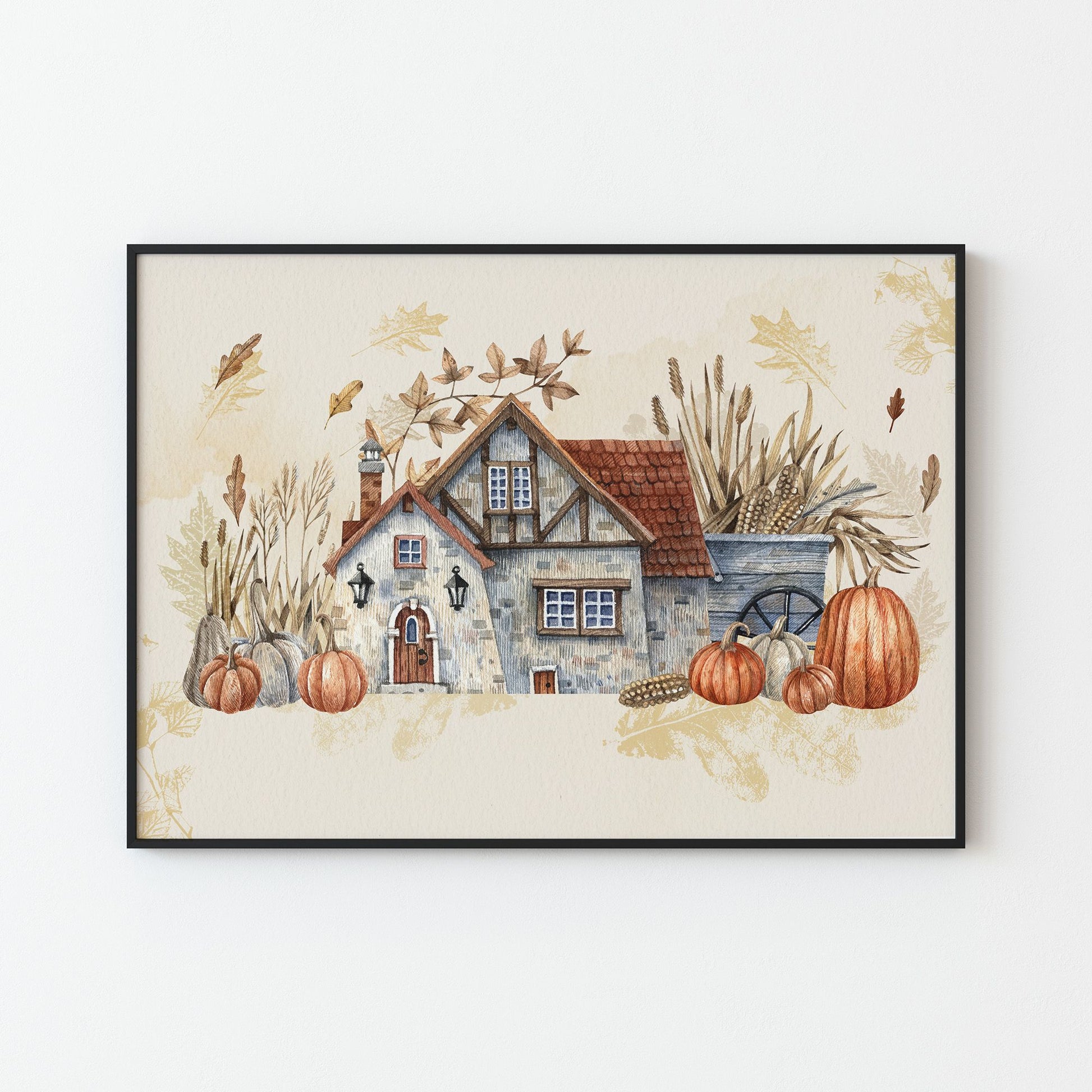 Pumpkin farmhouse Art Print from Blue Water Songs hanging on white wall