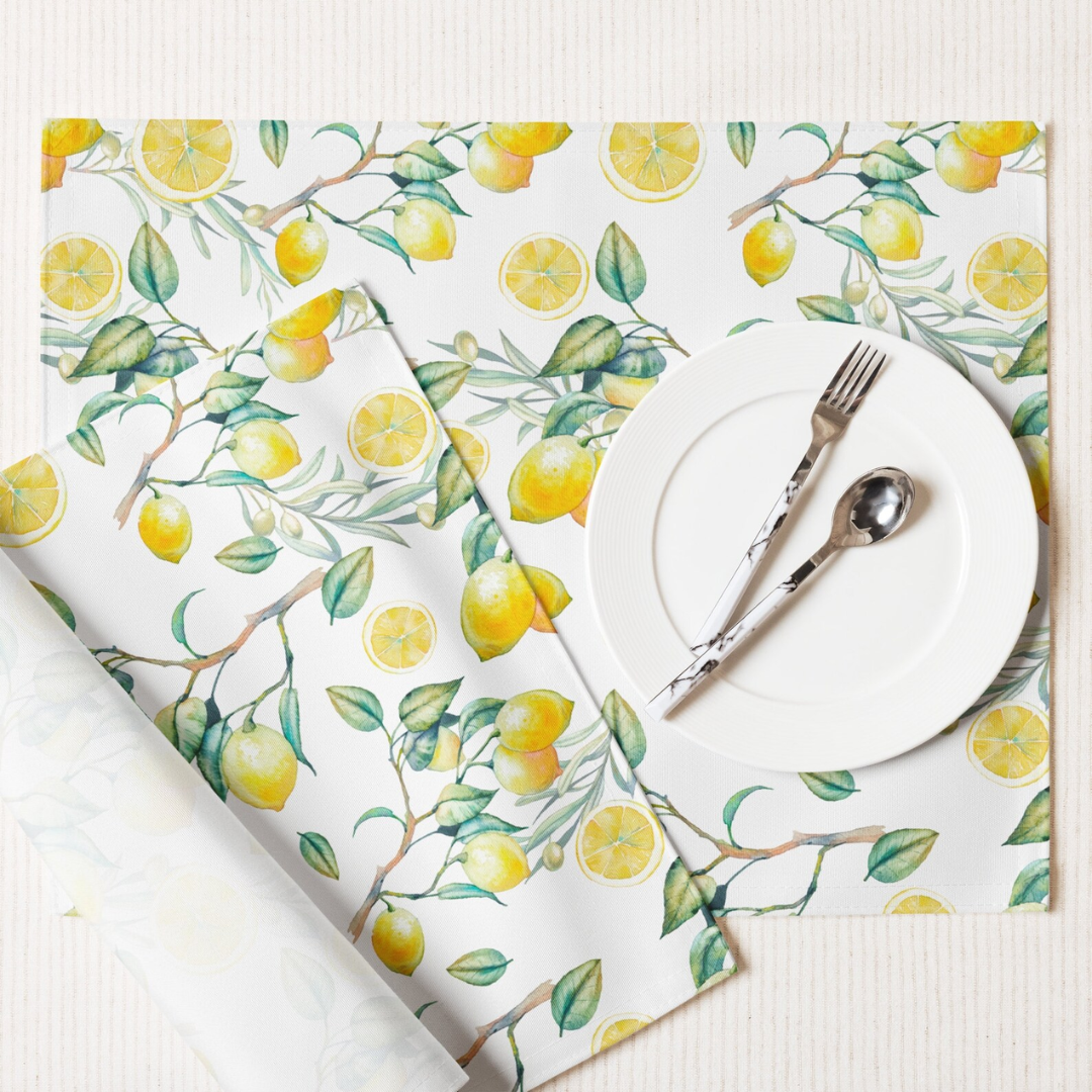 white plate place on lemon placemat from Blue Water Songs 