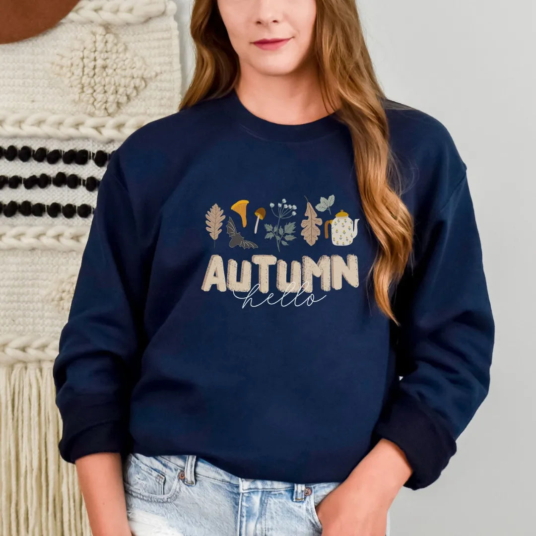 woman in Hello Autumn blue SWEATSHIRT from Blue Water Songs