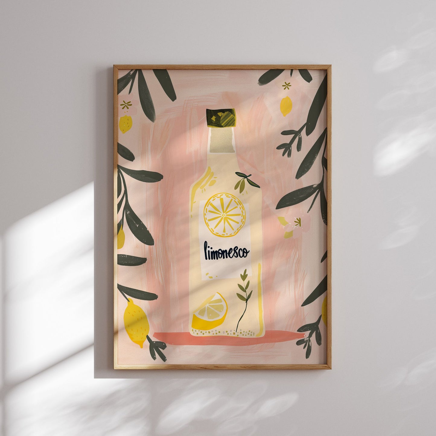 Pink limonesco poster with wooden frame on white wall