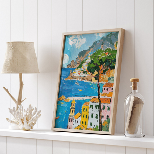 Italy beach painting wooden frame standing on white shelf