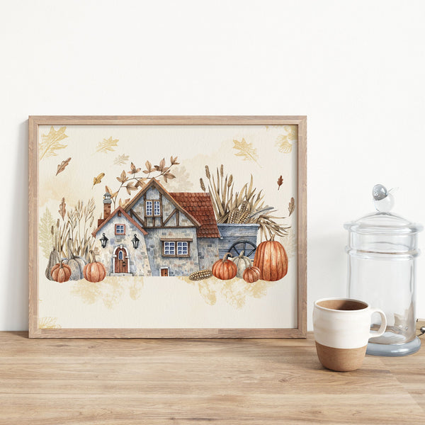 Pumpkin farmhouse poster from Blue Water Songs place on wood table