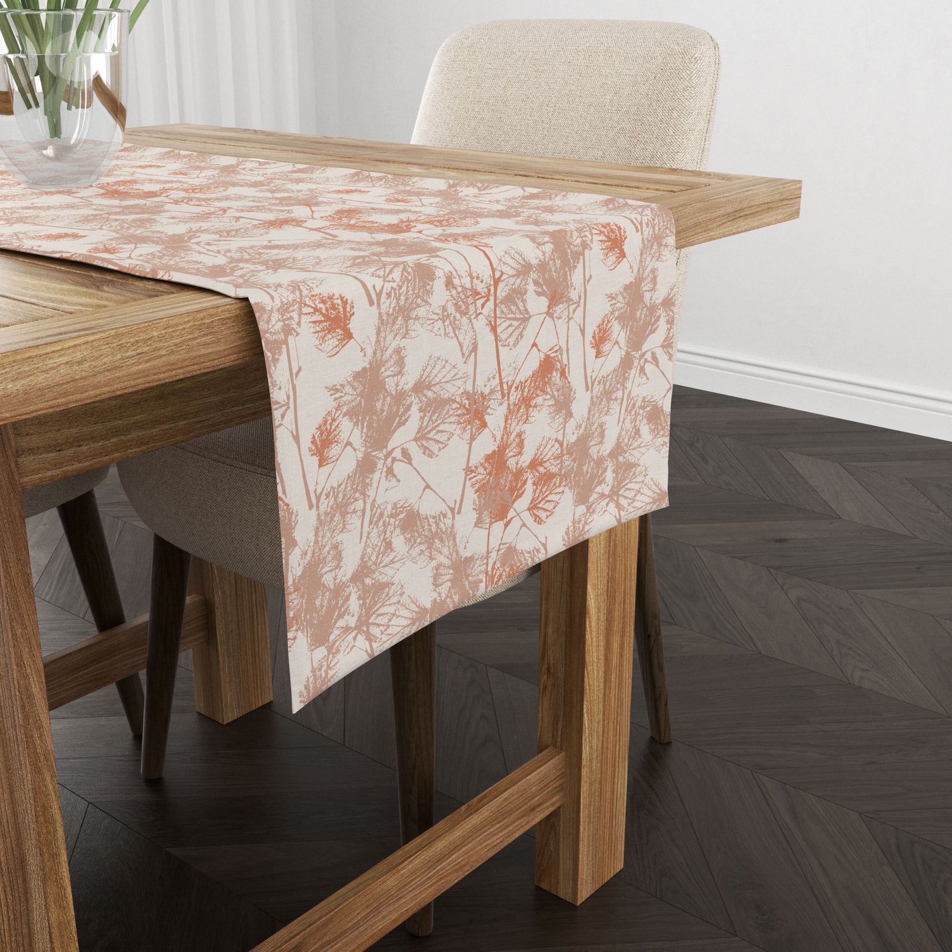 wood table with Fall Birch leaves - orange TABLE RUNNER from Blue Water Songs on it