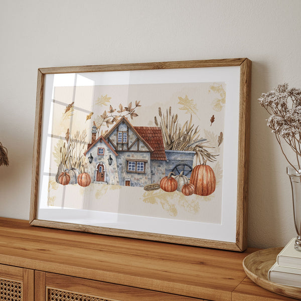 autumn pumpkin painting from Blue Water Songs placing on wood cabinet