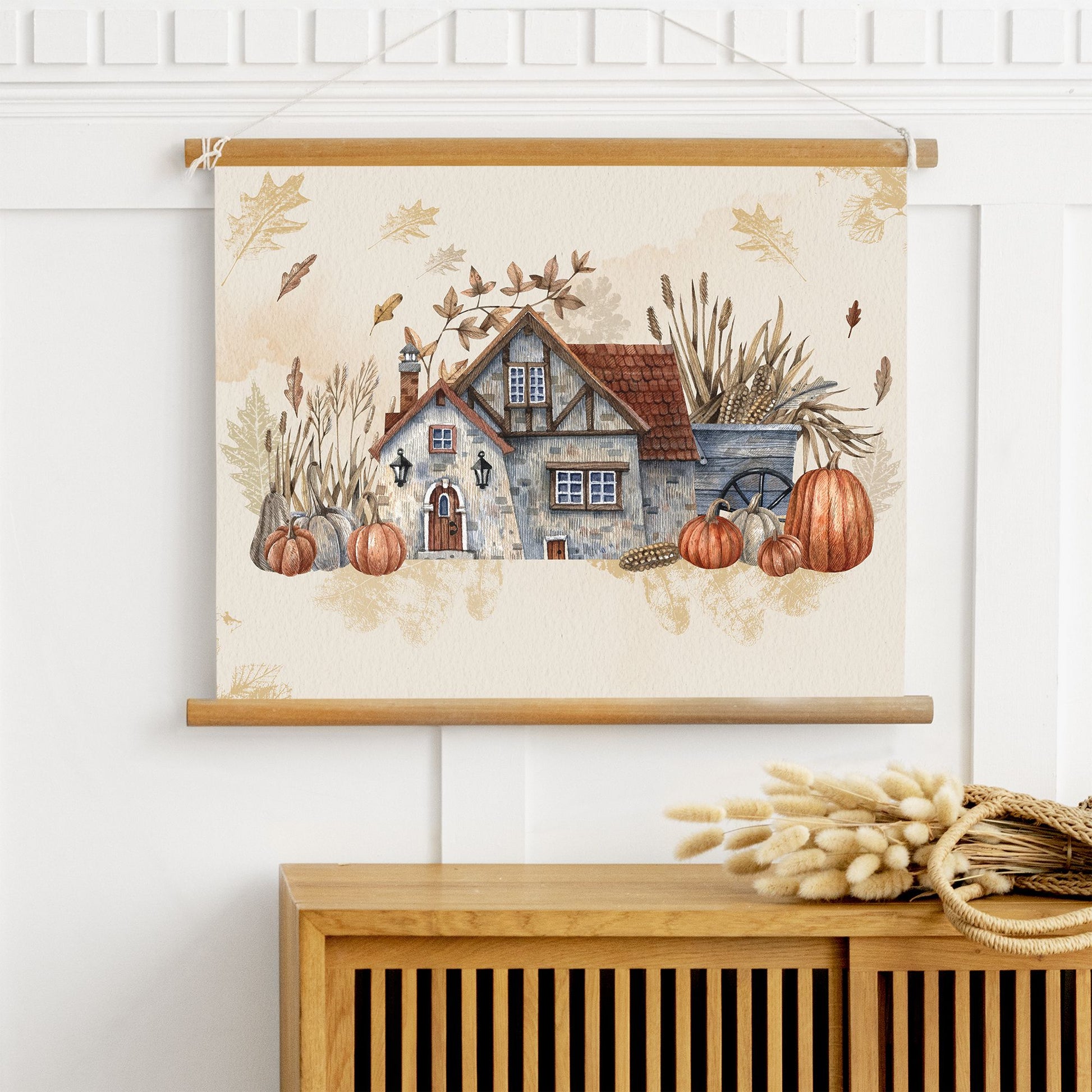 Pumpkin farmhouse wall art from Blue Water Songs hanging on white wall