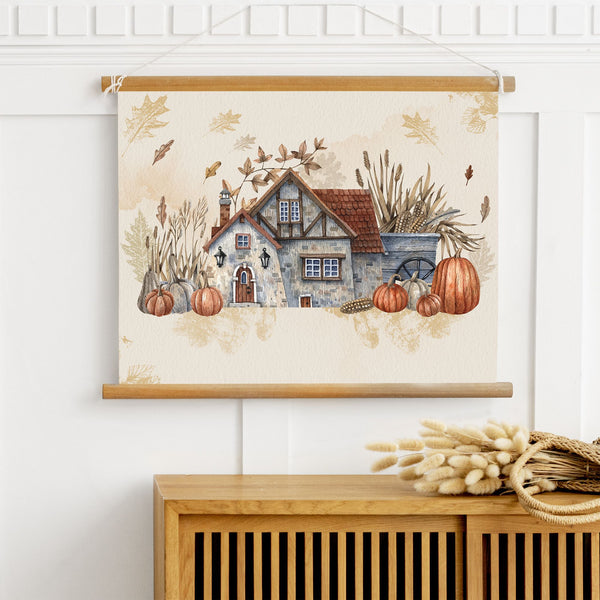 Pumpkin farmhouse wall art from Blue Water Songs hanging on white wall