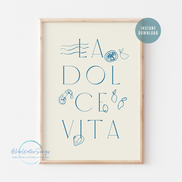 Minimalist La Dolce Vita art print with blue seaside icons and typography, framed and displayed for instant digital download