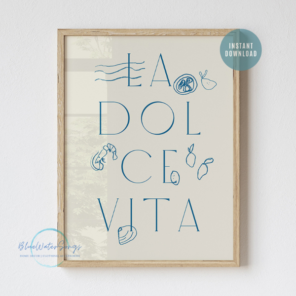 Minimal La Dolce Vita art print with blue summer-themed illustrations in wooden frame, styled for digital download decor