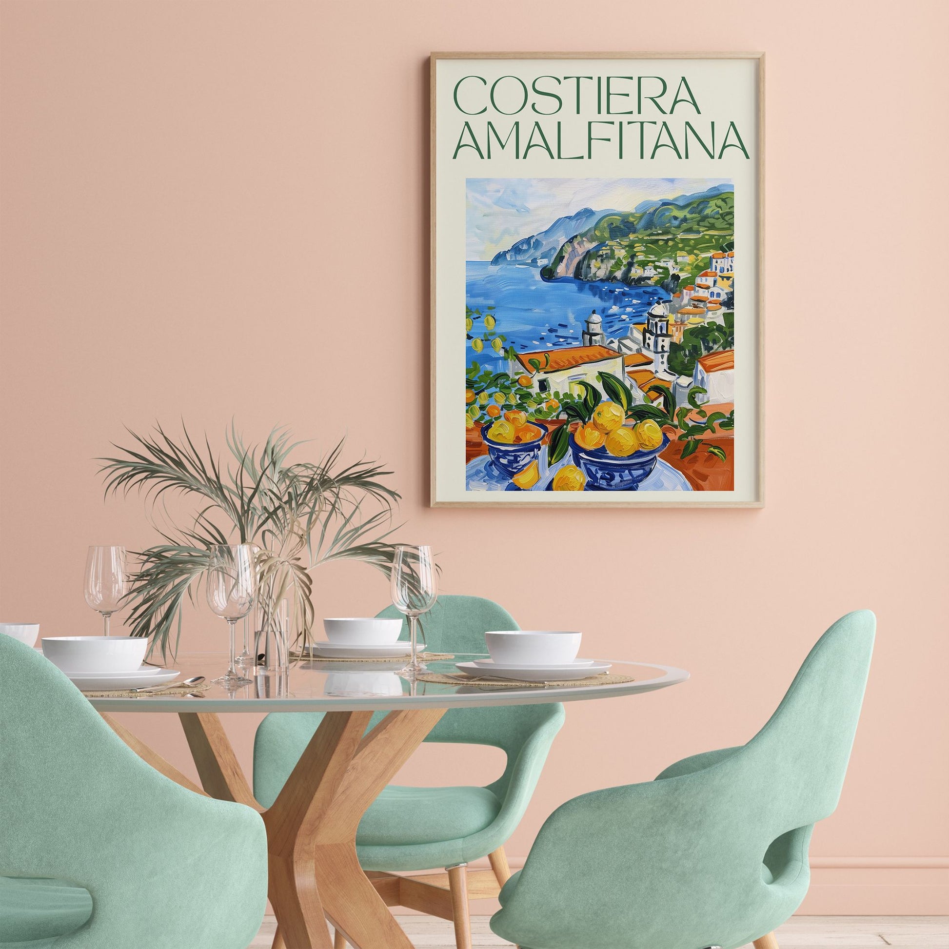 Summer poster Costiera Amalfitana hanging on pink wall 