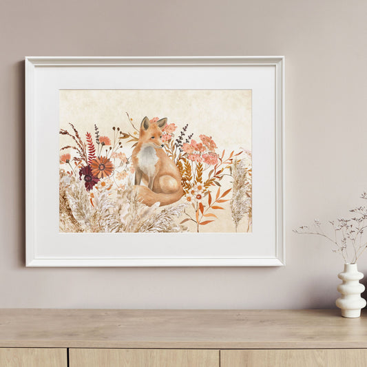 Autumn Fox Art Print - DIGITAL DOWNLOAD from Blue Water Songs in white frame hanging on wall 