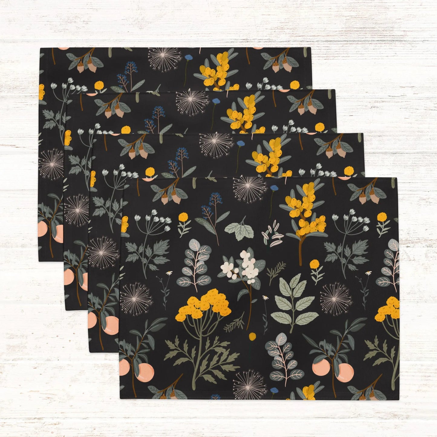 Autumn Botanical PLACEMATS from Blue Water Songs, black color - set of 4