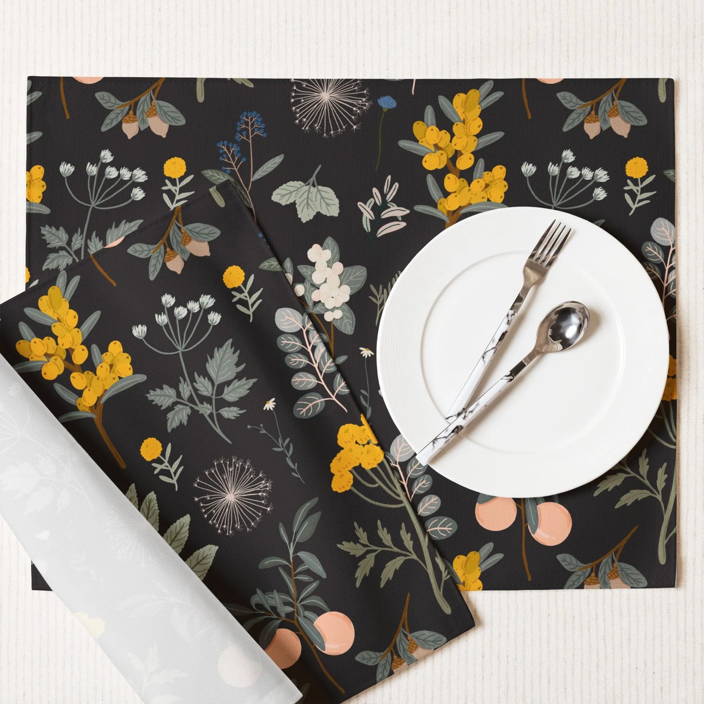 dining set with Autumn Botanical PLACEMATS from Blue Water Songs, black color and white plate