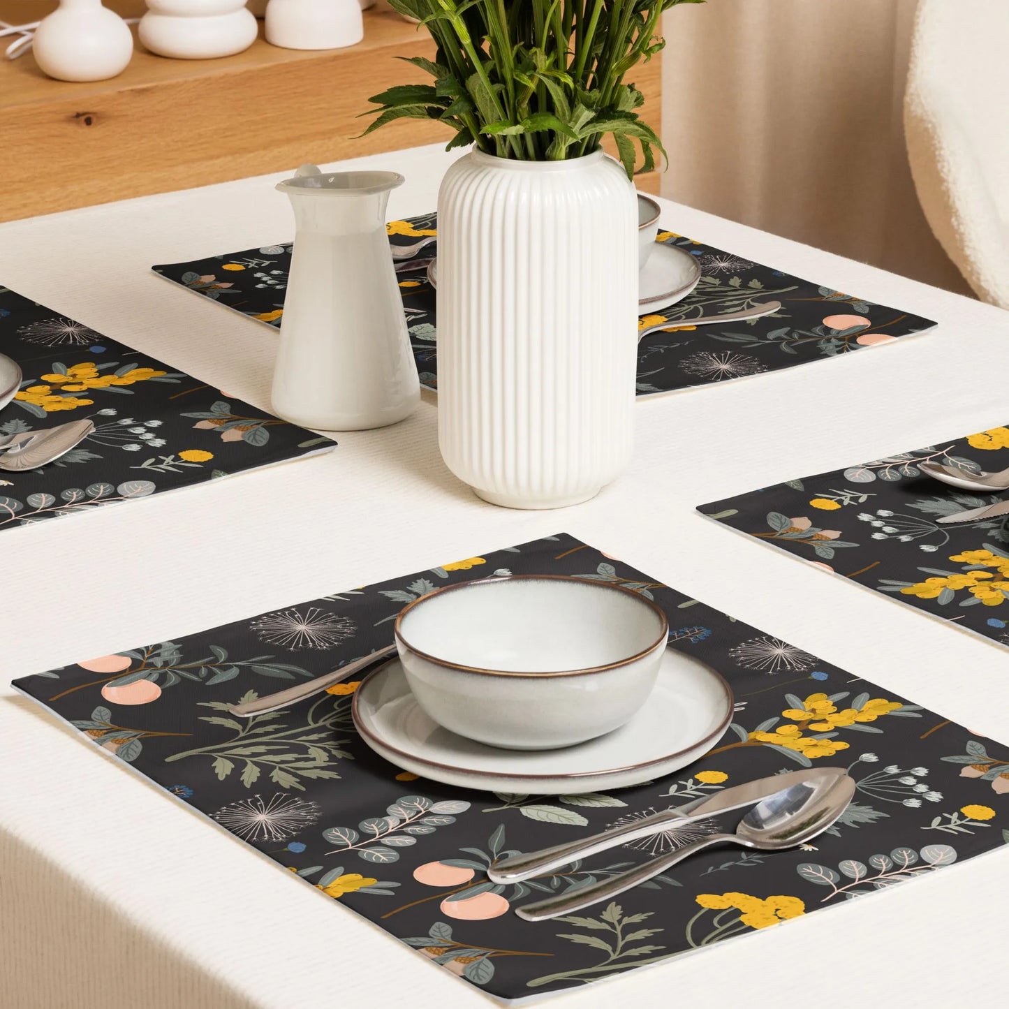 wedding table set up with Autumn Botanical PLACEMATS from Blue Water Songs, black color