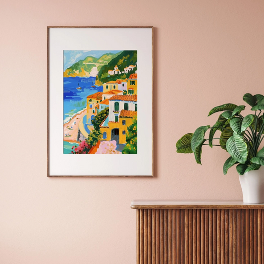 pink wall is decorated with summer Italy poster