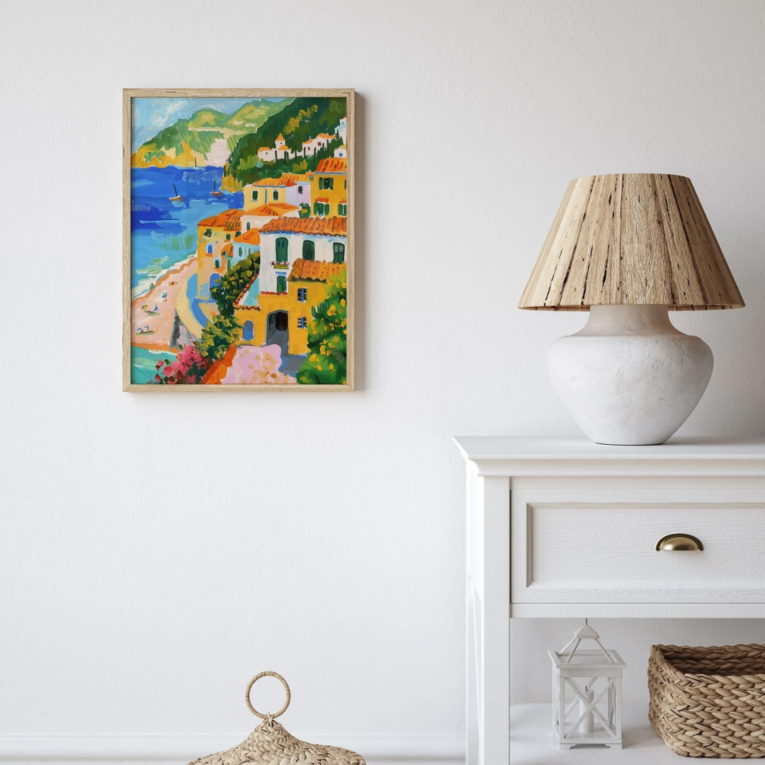 Amalfi Coast Italy Summer poster hanging on white wall