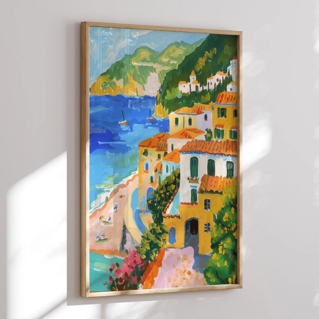 amalfi summer poster hanging on white wall