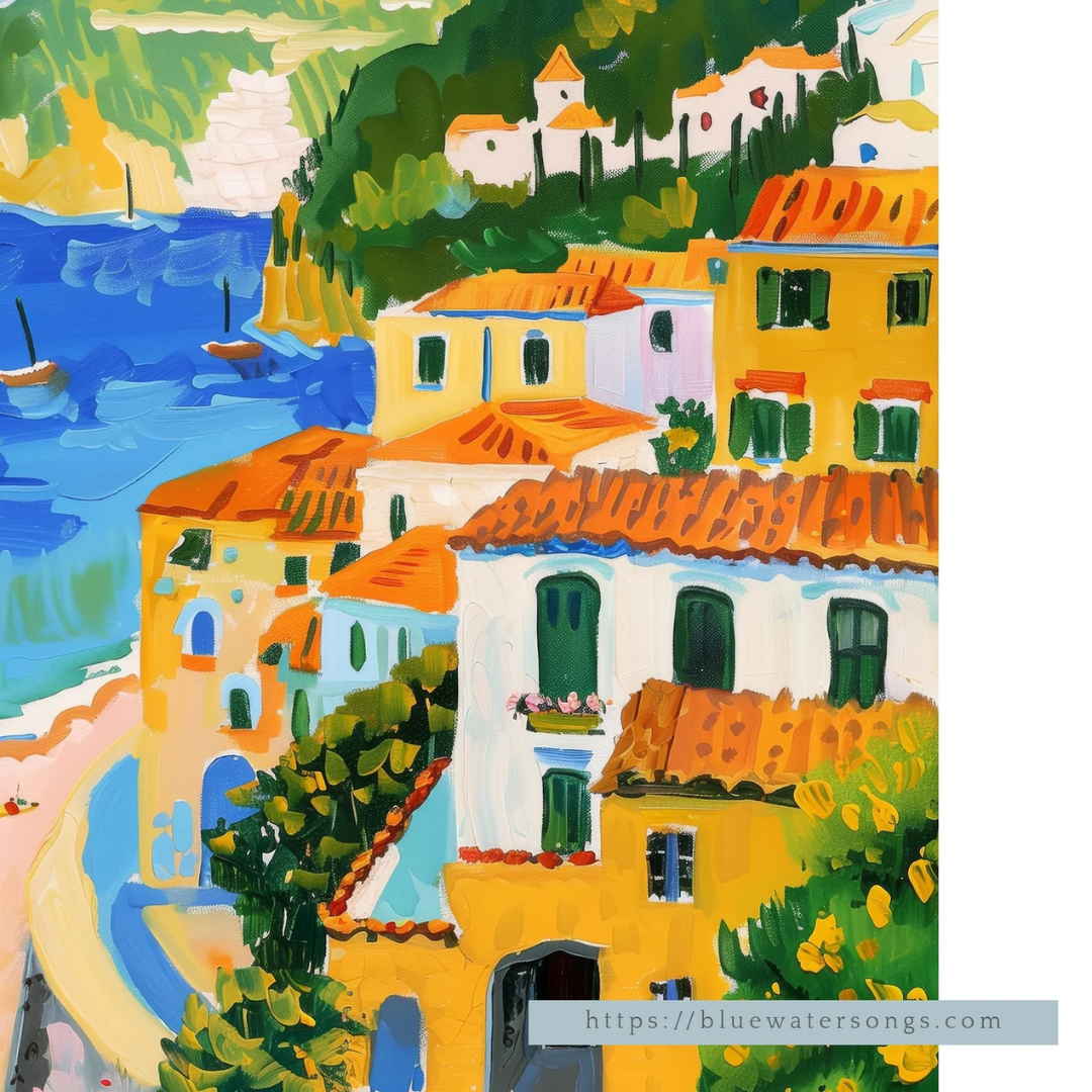 closer look of Amalfi Coast Italy Summer Matte Printed Poster from Blue Water Songs