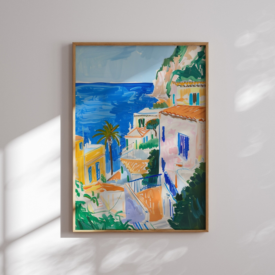 Amalfi Coast Summer printed poster from Blue Water Songs hanging on white wall