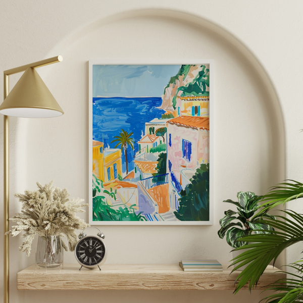 Amalfi Coast Summer poster from Blue Water Songs hanging on wall