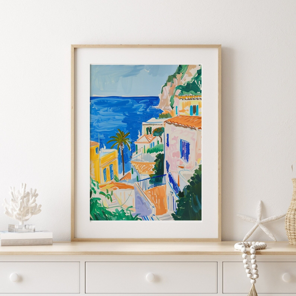 Amalfi Coast Summer printed poster from Blue Water Songs placing on minimal style shelf