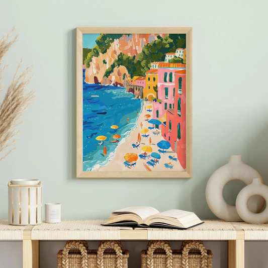 Italy travel painting from Blue Water Songs hanging on green wall 