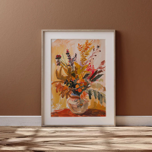 Framed Autumn Wall Art poster with vase of flowers for nature-inspired decor