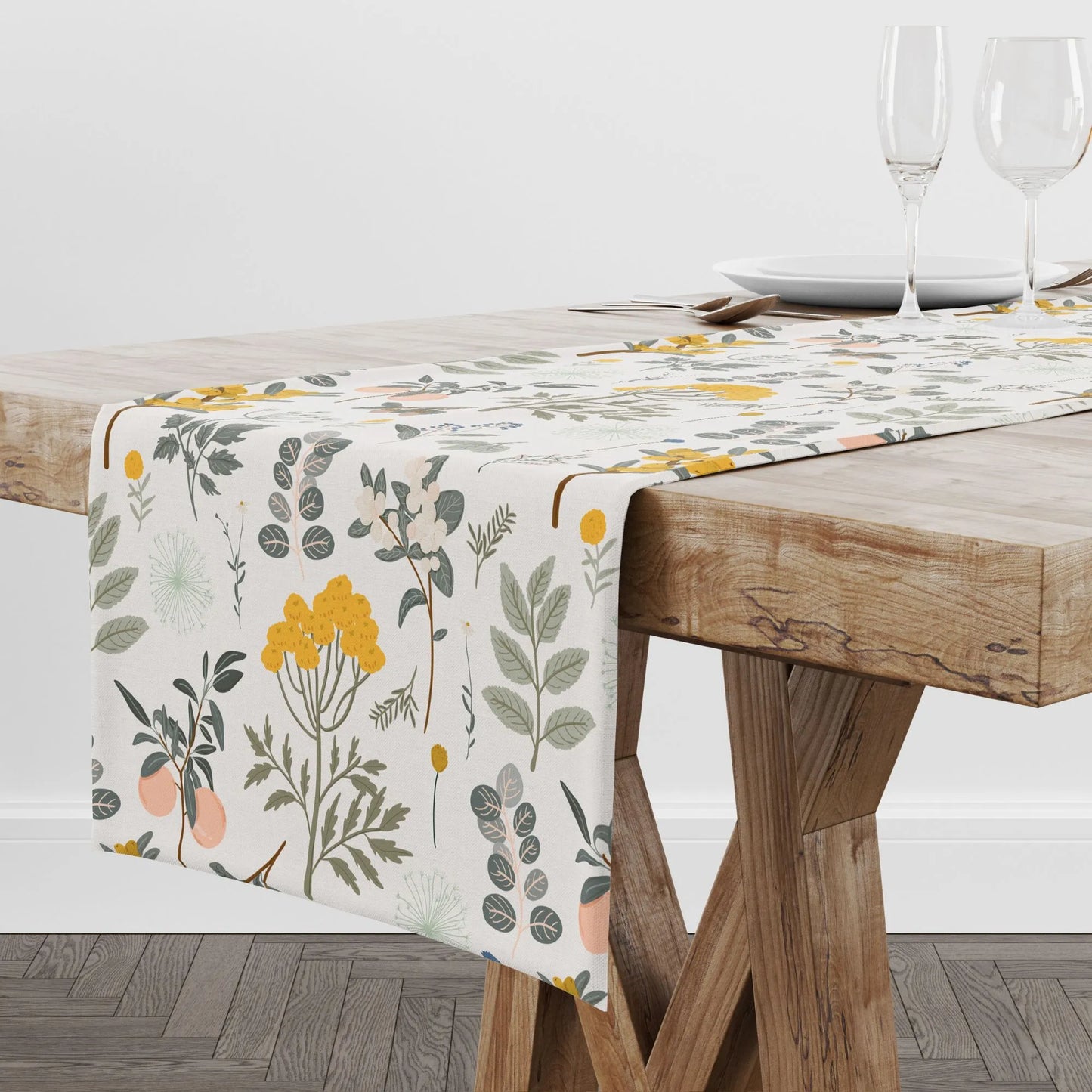 wood dining table with Autumn Botanical TABLE RUNNER from Blue Water Songs on it