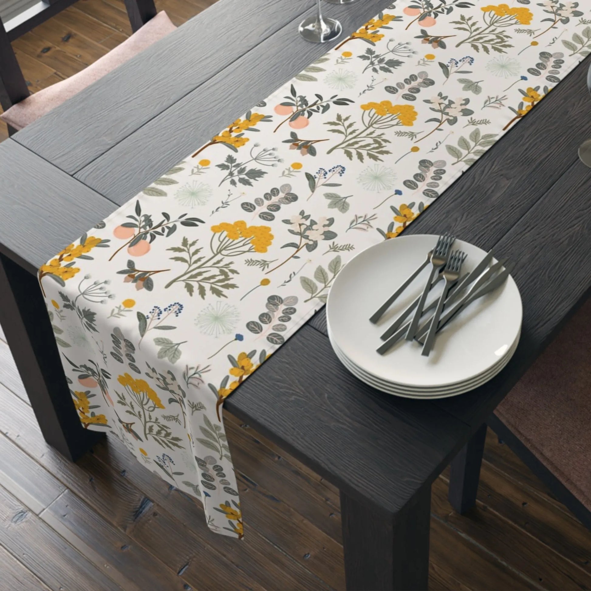 black table with Autumn Botanical TABLE RUNNER from Blue Water Songs on it