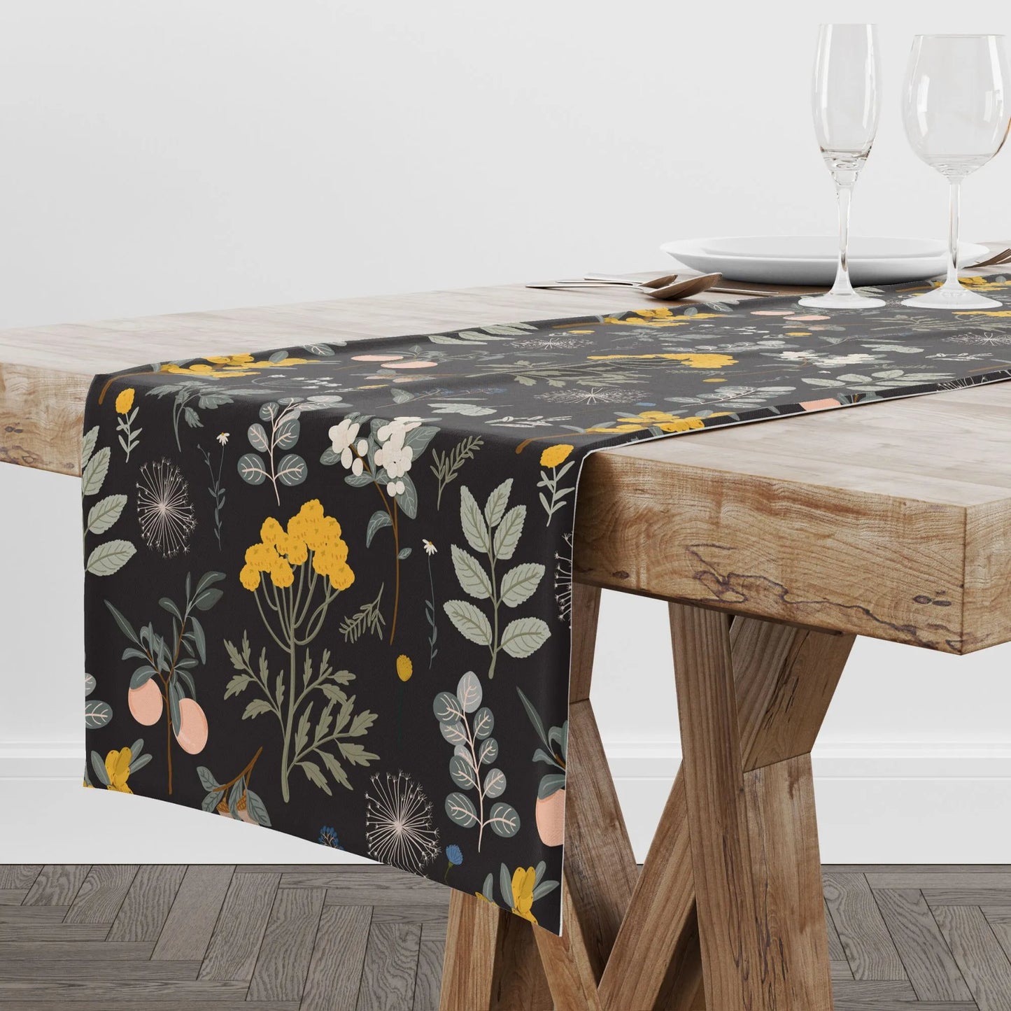 dining table with Autumn Botanical TABLE RUNNER from Blue Water Songs on it